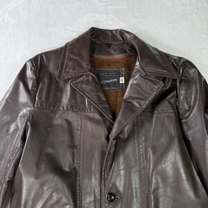 Vintage JC Penny Mens Brown Leather Jacket 40 Faux Fur Liner 70s Car Coat Retro